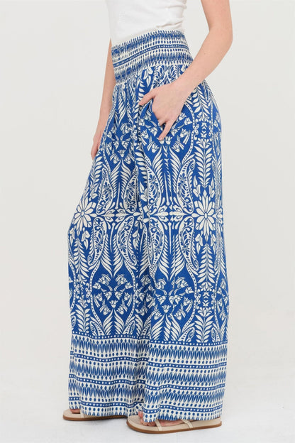 Smocked Waist Floral Pants – Women’s Wide Leg Boho Pants with Pockets - ZumBuys
