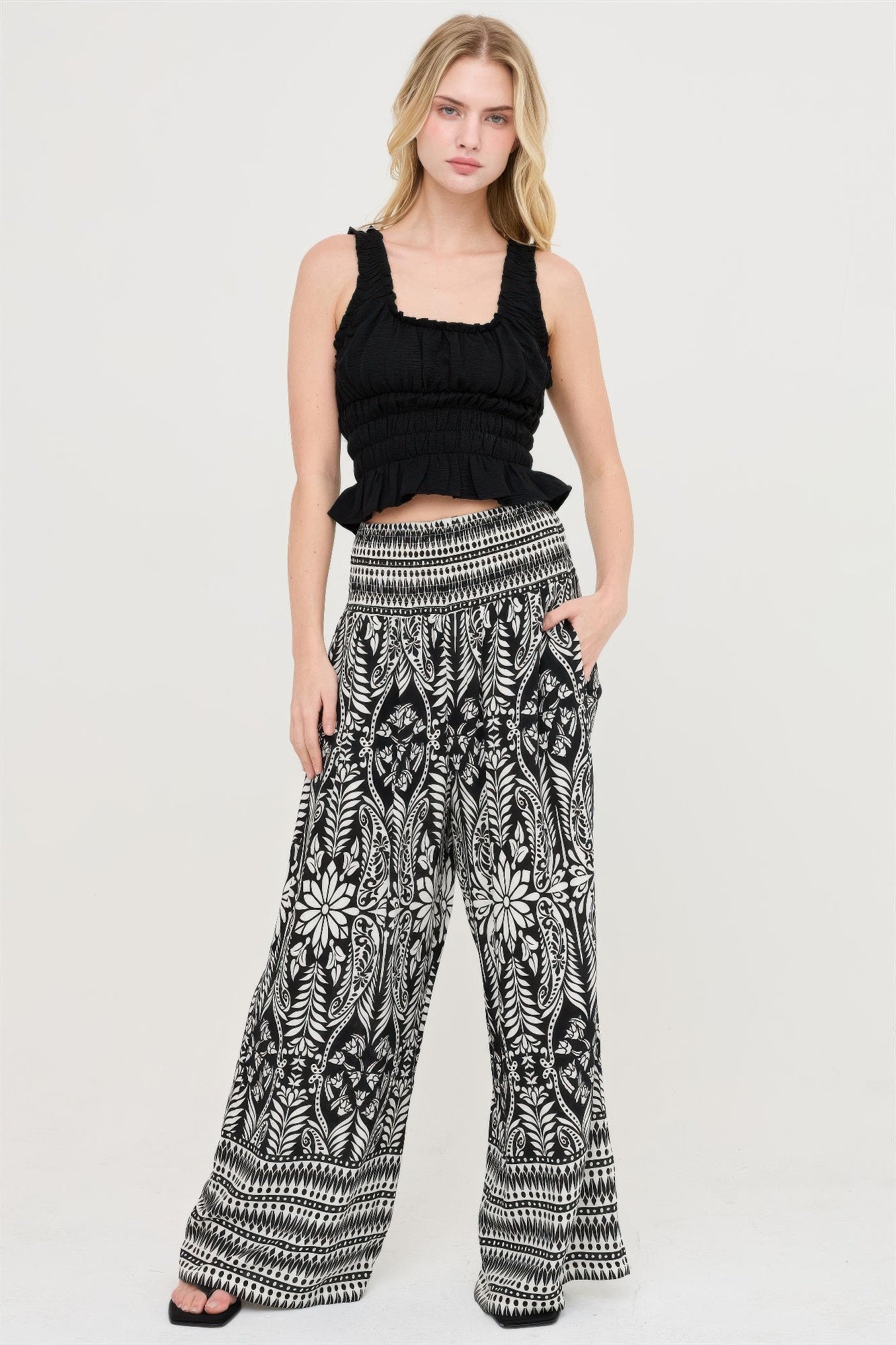 Smocked Waist Floral Pants – Women’s Wide Leg Boho Pants with Pockets - ZumBuys