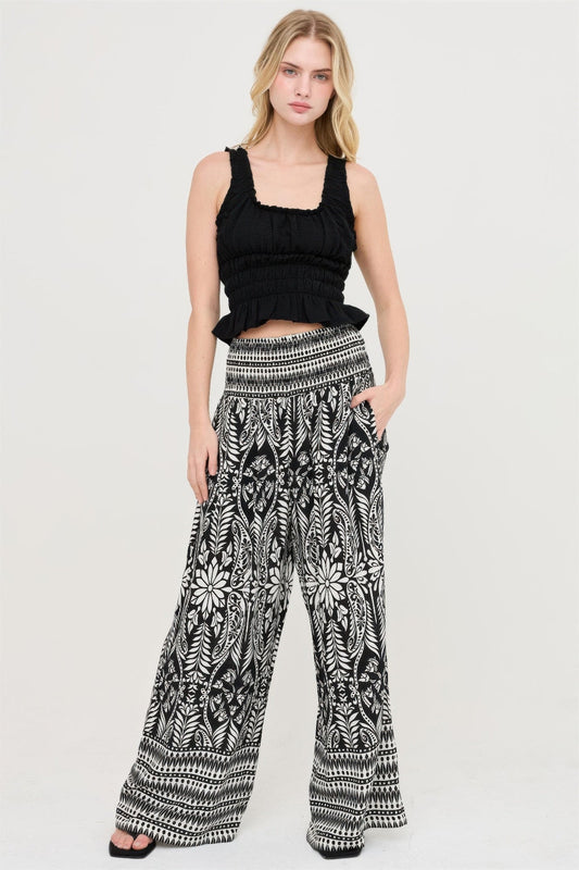 Smocked Waist Floral Pants – Women’s Wide Leg Boho Pants with Pockets - ZumBuys