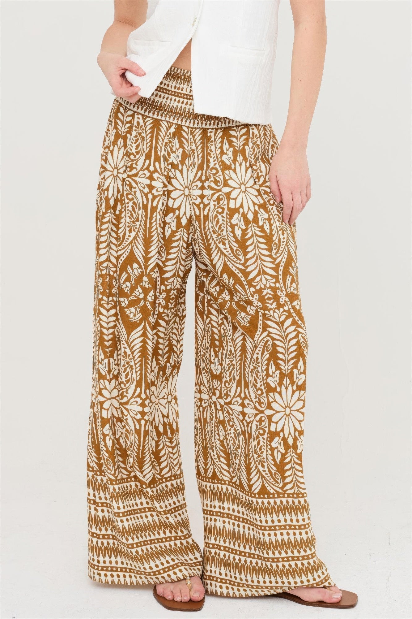 Smocked Waist Floral Pants – Women’s Wide Leg Boho Pants with Pockets - ZumBuys