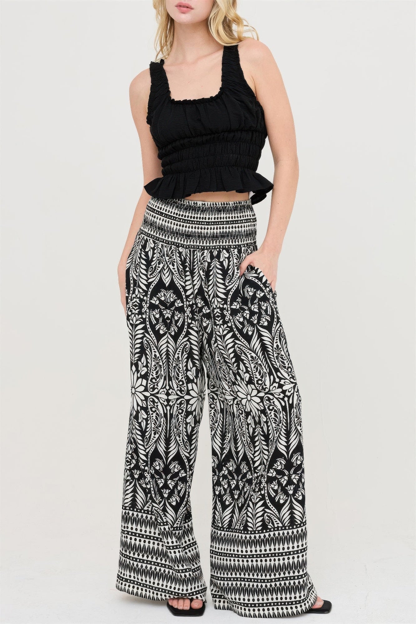 Smocked Waist Floral Pants – Women’s Wide Leg Boho Pants with Pockets - ZumBuys