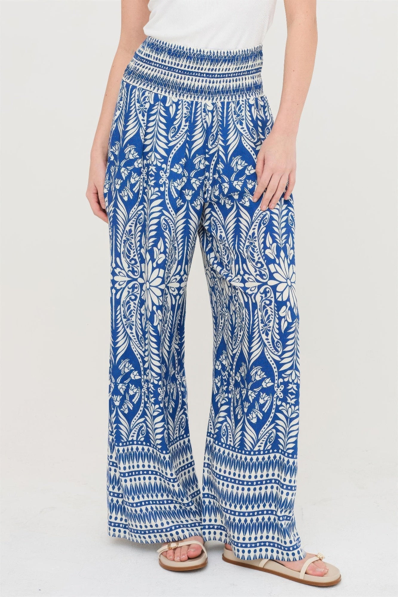 Smocked Waist Floral Pants – Women’s Wide Leg Boho Pants with Pockets - ZumBuys