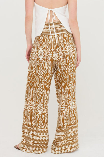 Smocked Waist Floral Pants – Women’s Wide Leg Boho Pants with Pockets - ZumBuys