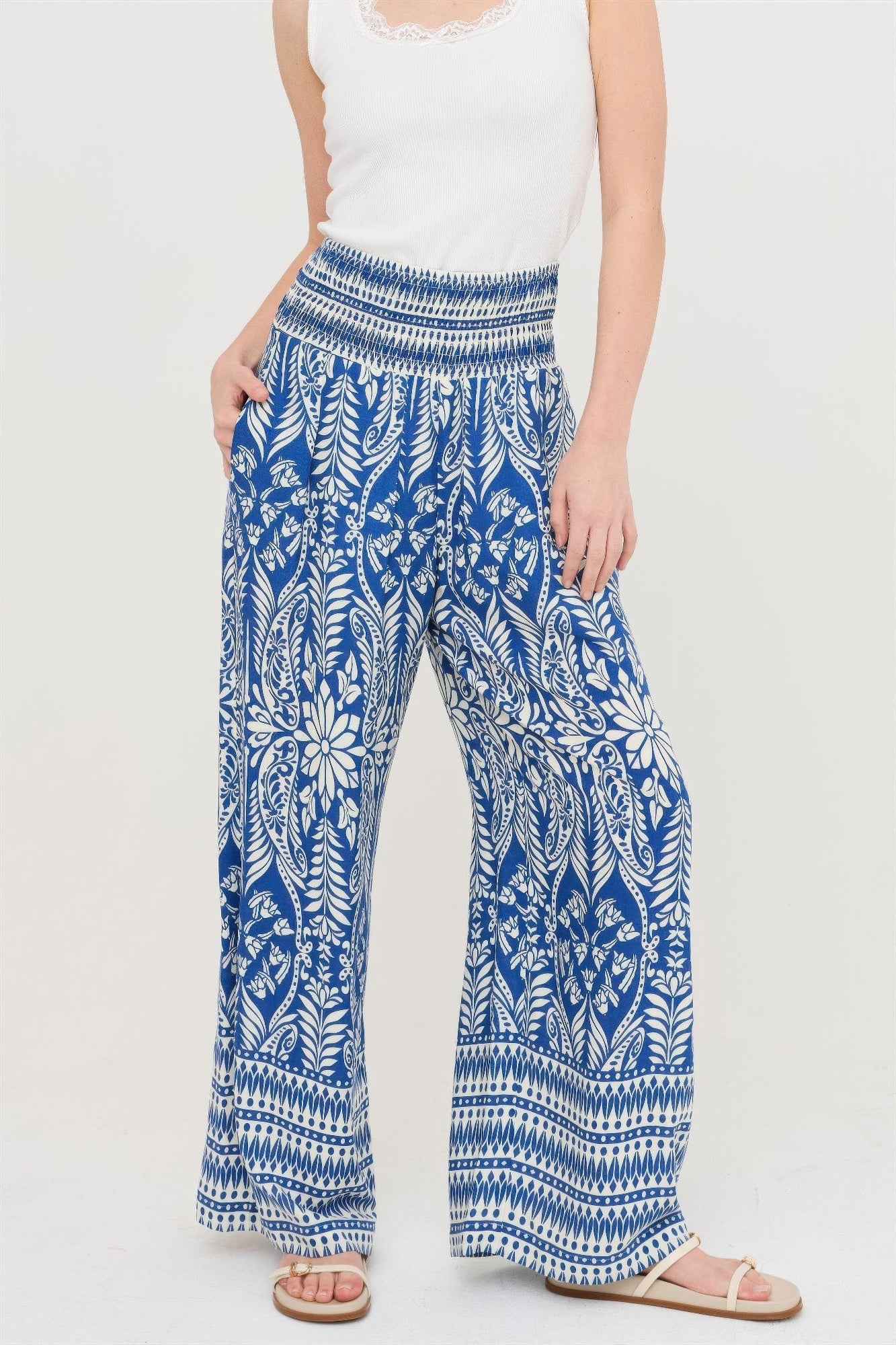 Smocked Waist Floral Pants – Women’s Wide Leg Boho Pants with Pockets - ZumBuys