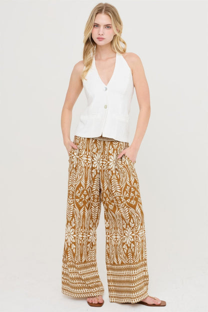 Smocked Waist Floral Pants – Women’s Wide Leg Boho Pants with Pockets - ZumBuys