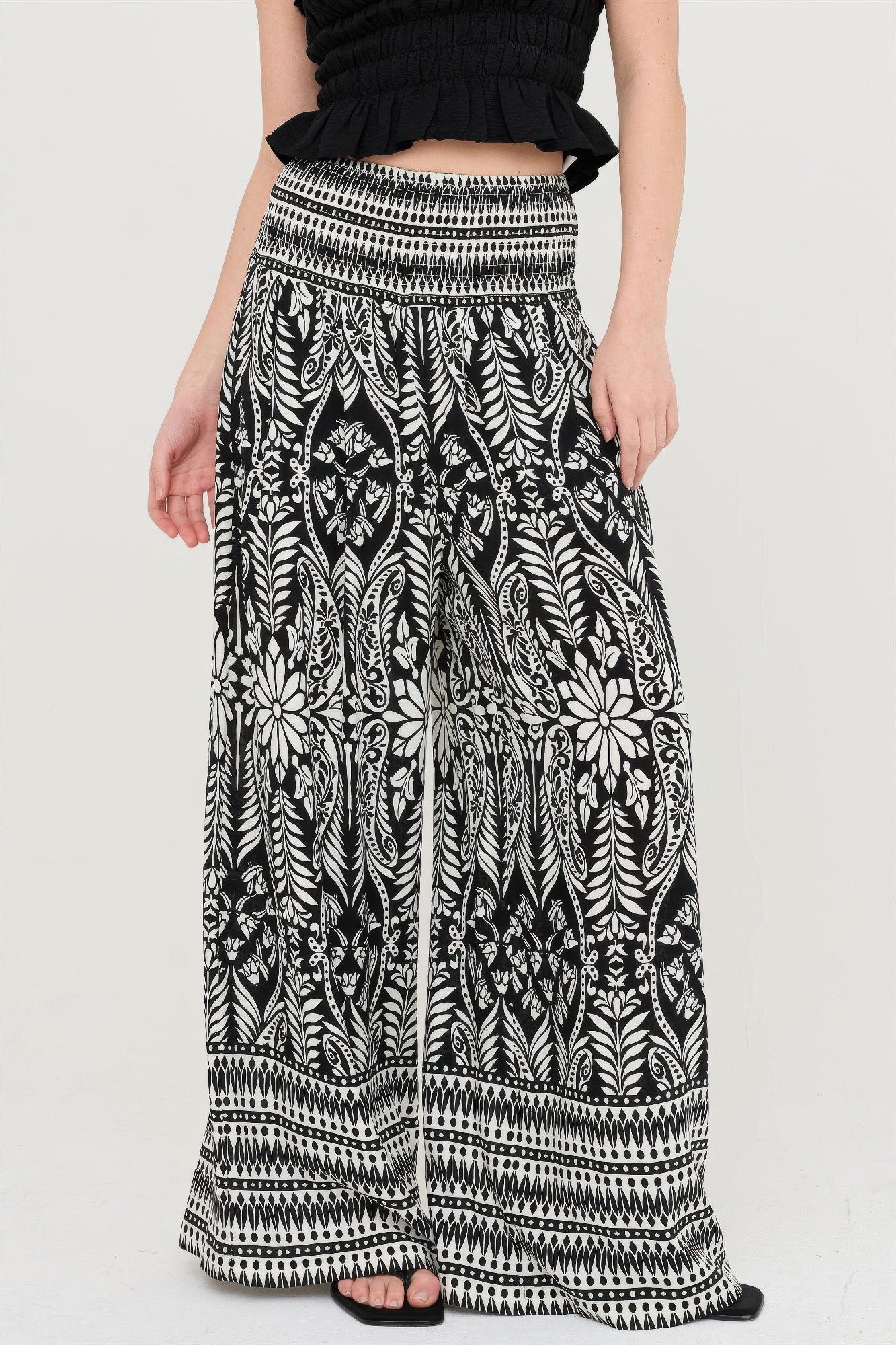 Smocked Waist Floral Pants – Women’s Wide Leg Boho Pants with Pockets - ZumBuys