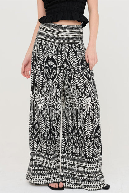 Smocked Waist Floral Pants – Women’s Wide Leg Boho Pants with Pockets - ZumBuys