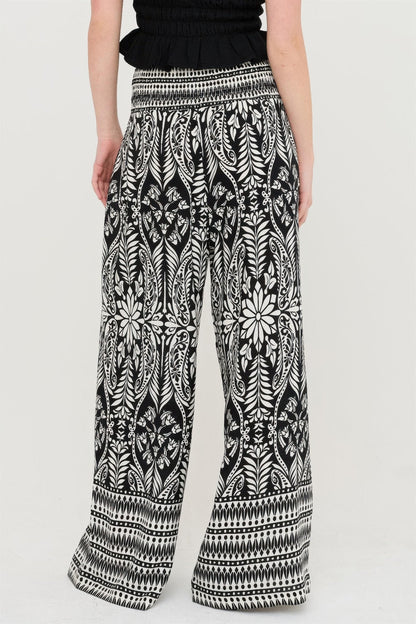 Smocked Waist Floral Pants – Women’s Wide Leg Boho Pants with Pockets - ZumBuys