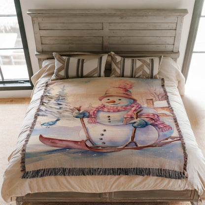 Snowman Sled Adventure Woven Blanket - ZumBuys