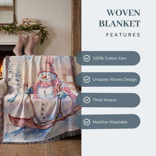 Snowman Sled Adventure Woven Blanket - ZumBuys