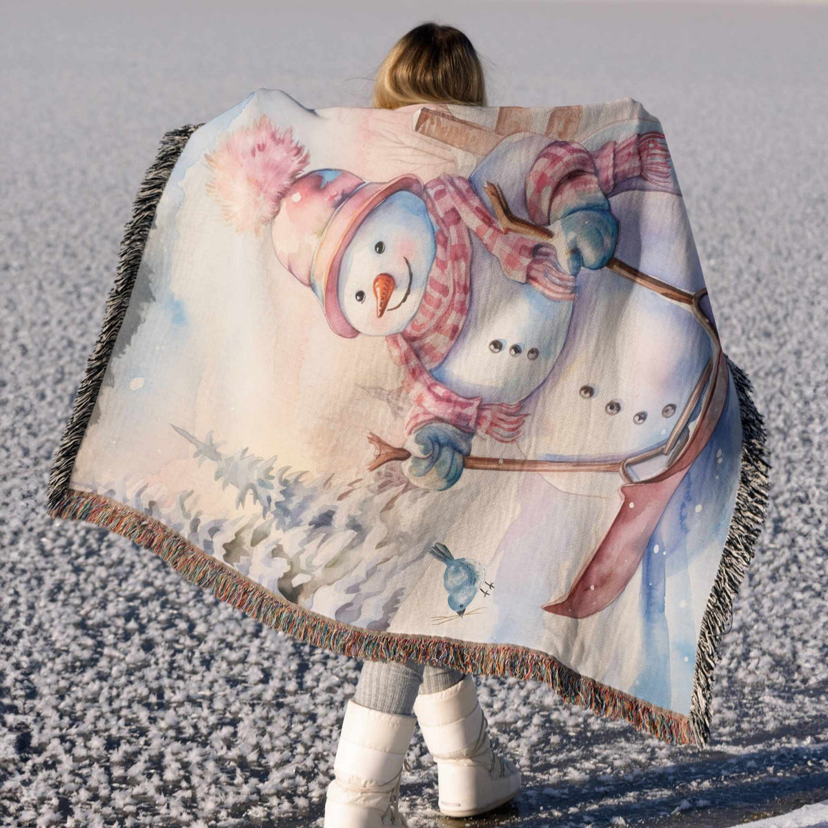 Snowman Sled Adventure Woven Blanket - ZumBuys