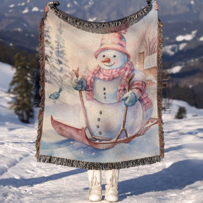 Snowman Sled Adventure Woven Blankets - ZumBuys