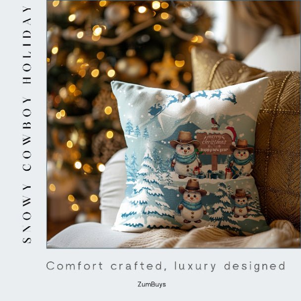 Snowy Cowboy Holiday Square Pillow Cover - ZumBuys
