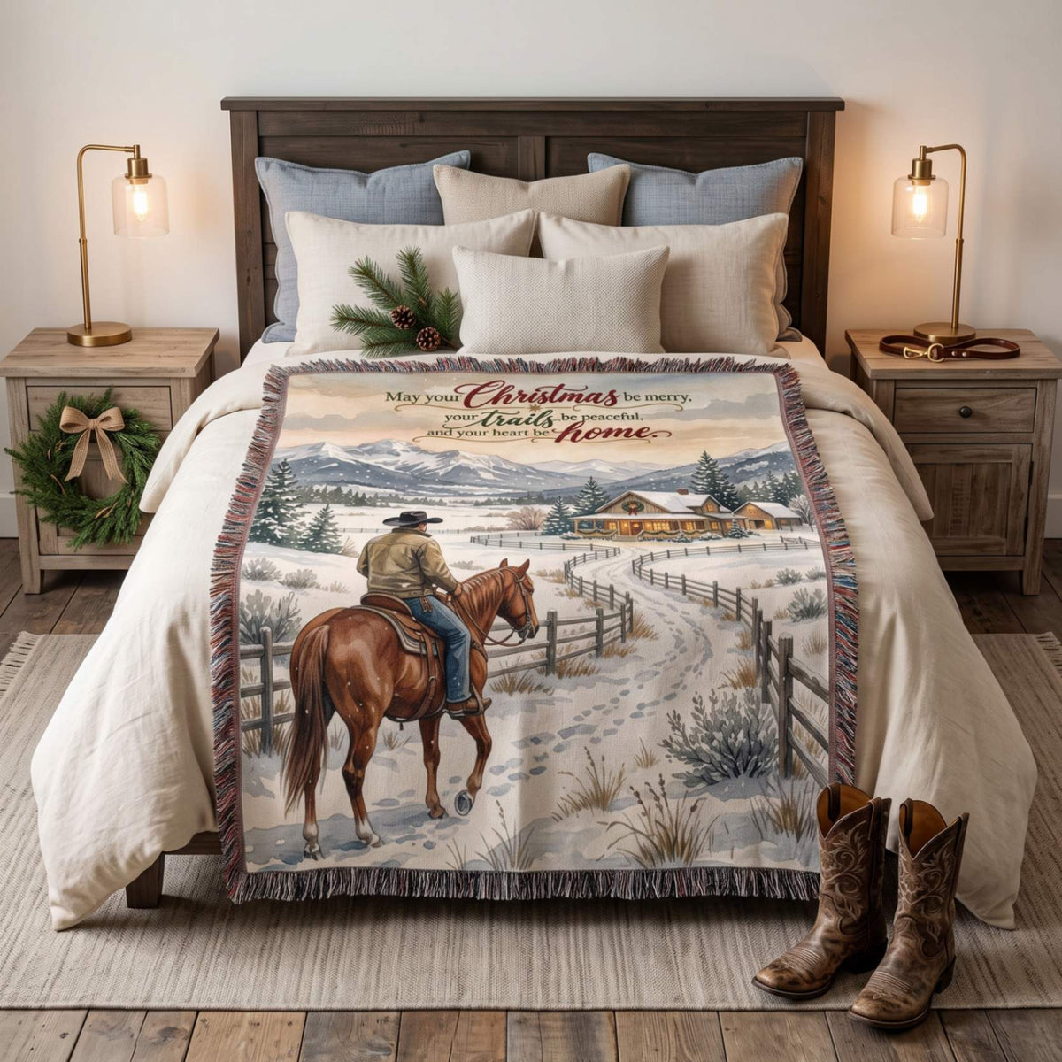 Snowy Cowboy Holiday Woven Blanket - ZumBuys