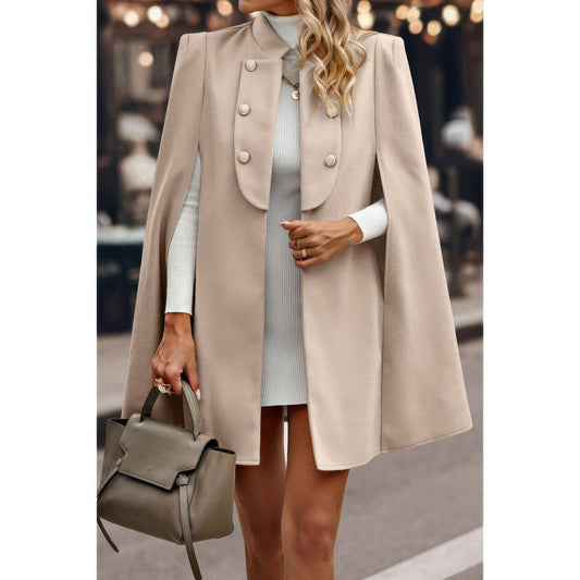 Solid Cloak Sleeve Double Breasted Cape Coat - ZumBuys