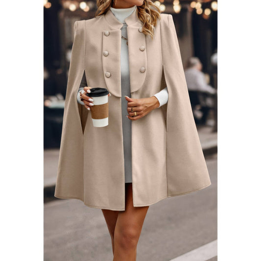 Solid Cloak Sleeve Double Breasted Cape Coat - ZumBuys