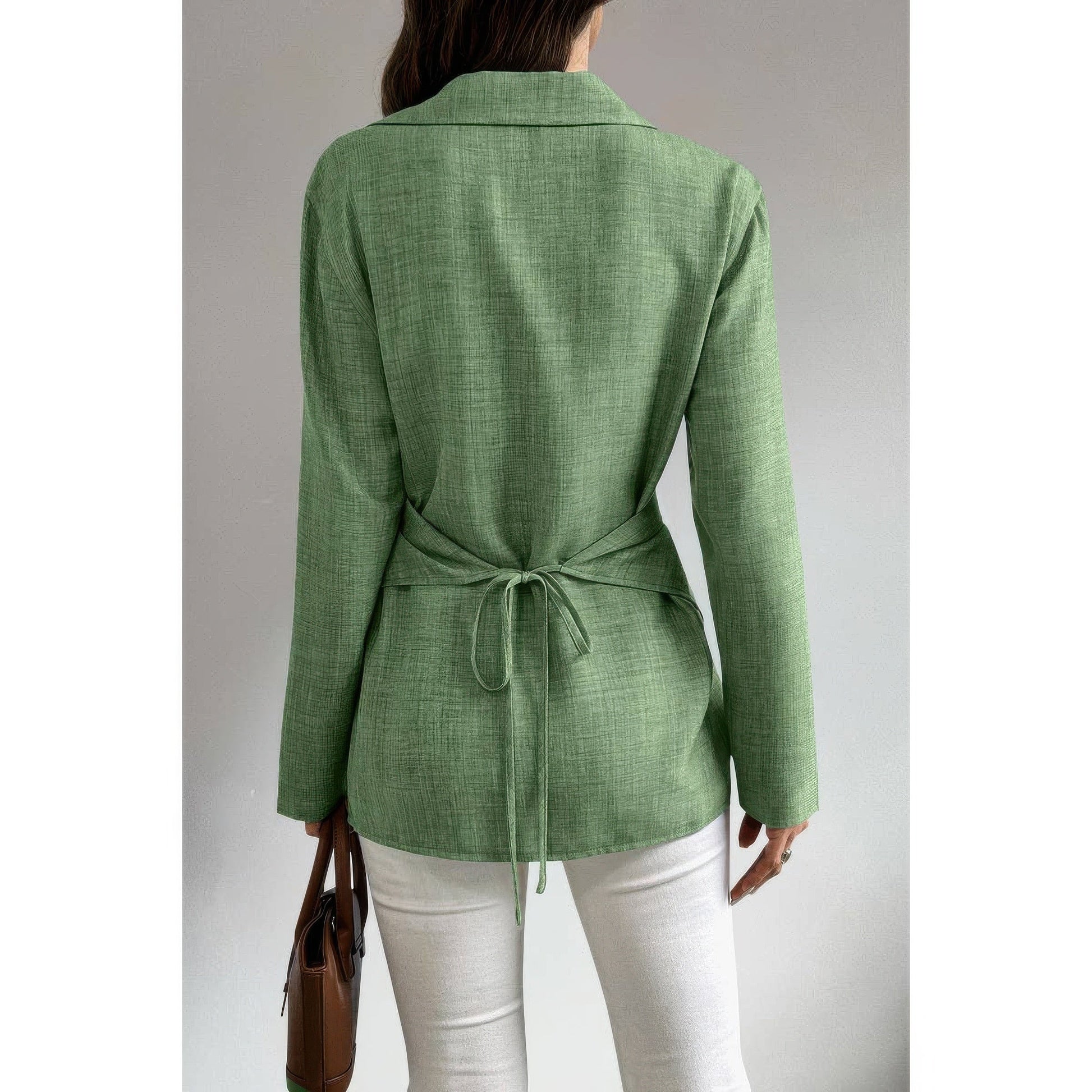 Solid Crossed Button Long Sleeve Blouse - ZumBuys
