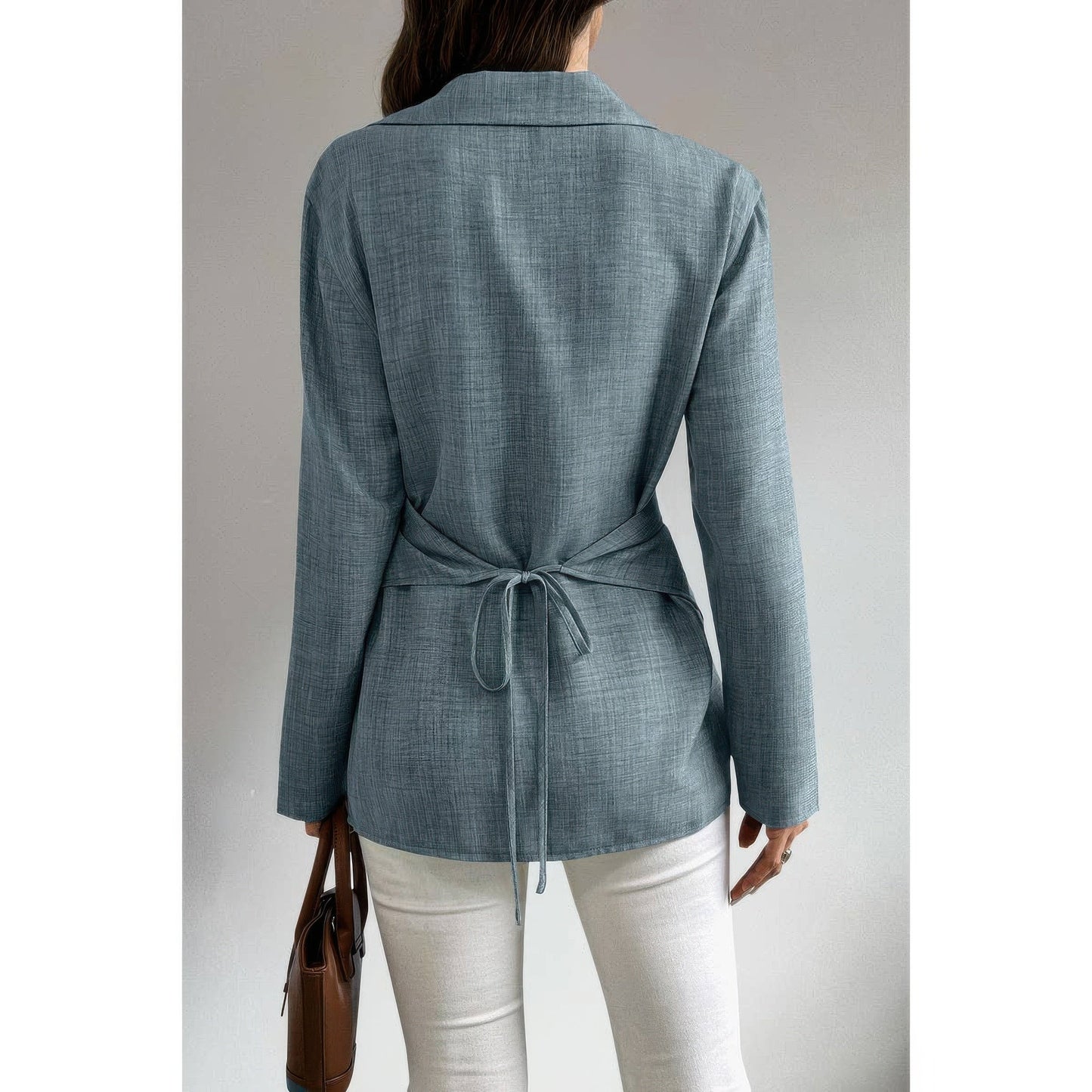 Solid Crossed Button Long Sleeve Blouse - ZumBuys