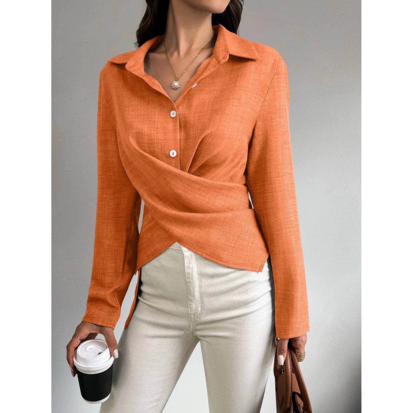 Solid Crossed Button Long Sleeve Blouse - ZumBuys