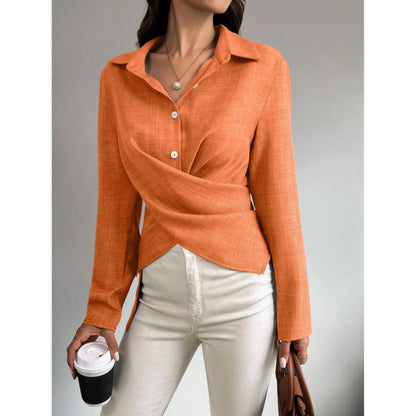 Solid Crossed Button Long Sleeve Blouse - ZumBuys