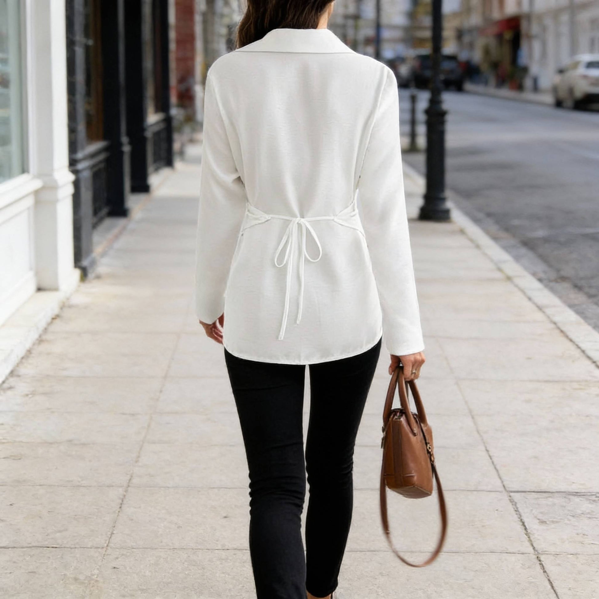 Solid Crossed Button Long Sleeve Blouse - ZumBuys
