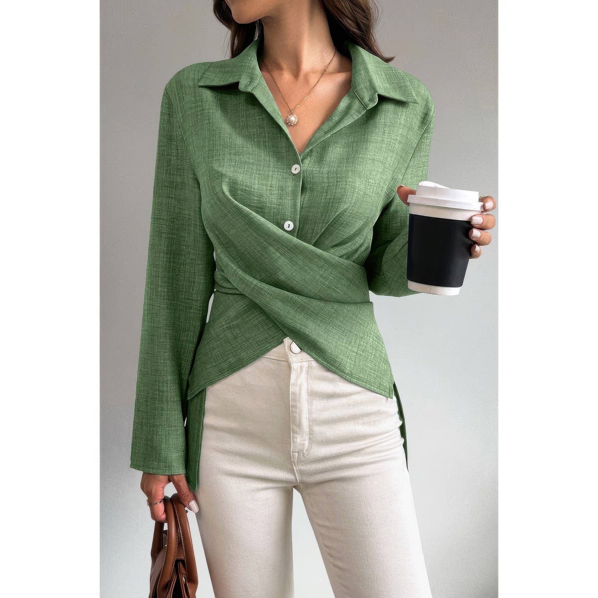 Solid Crossed Button Long Sleeve Blouse - ZumBuys