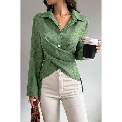 Solid Crossed Button Long Sleeve Blouse - ZumBuys