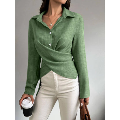 Solid Crossed Button Long Sleeve Blouse - ZumBuys
