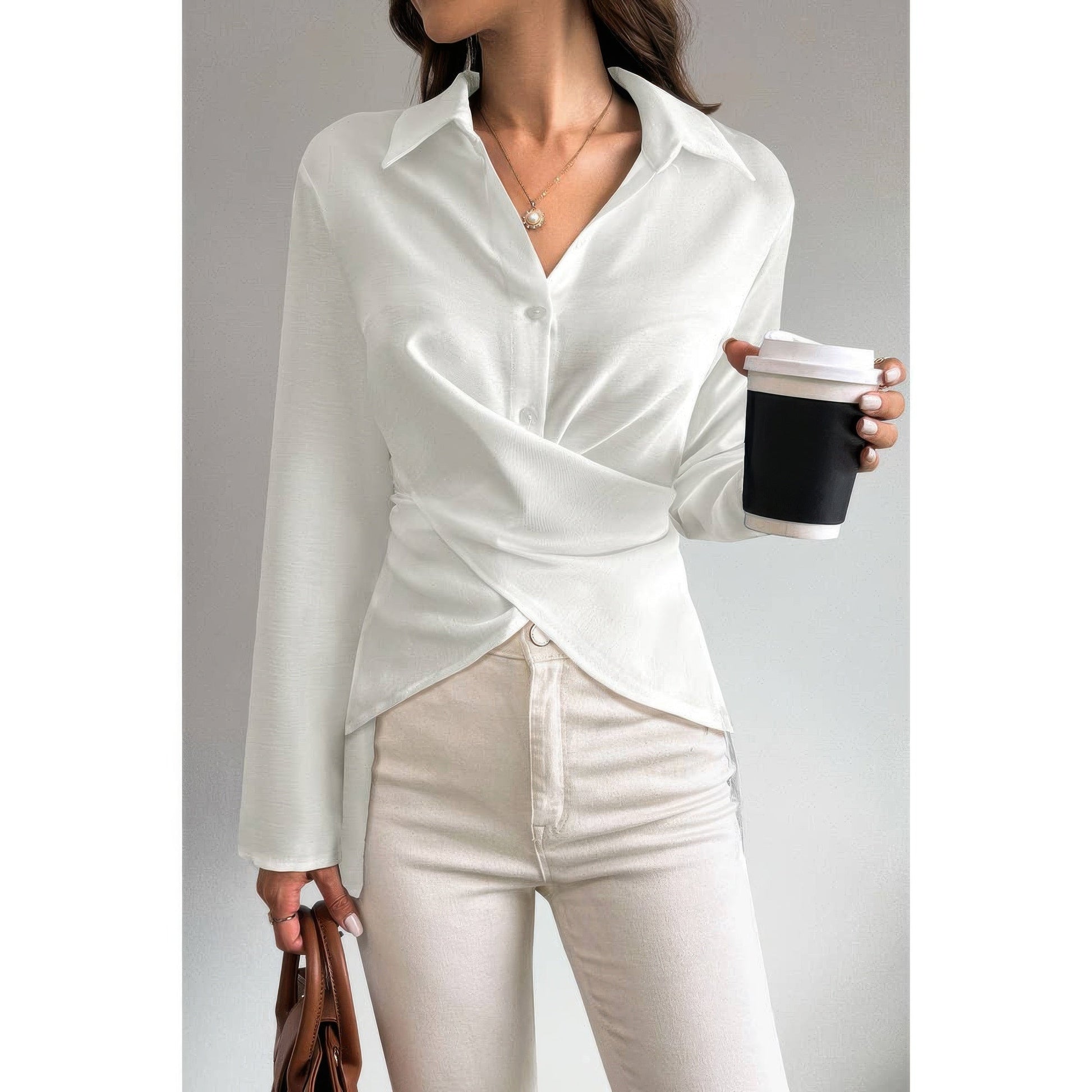 Solid Crossed Button Long Sleeve Blouse - ZumBuys