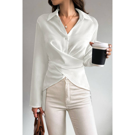 Solid Crossed Button Long Sleeve Blouse - ZumBuys