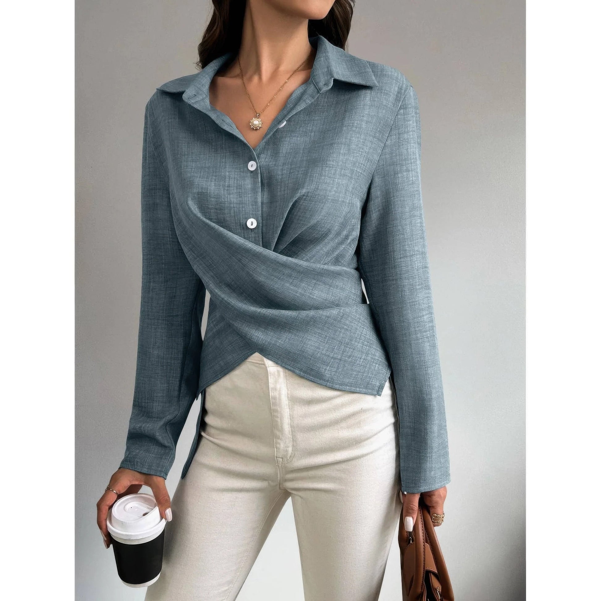Solid Crossed Button Long Sleeve Blouse - ZumBuys
