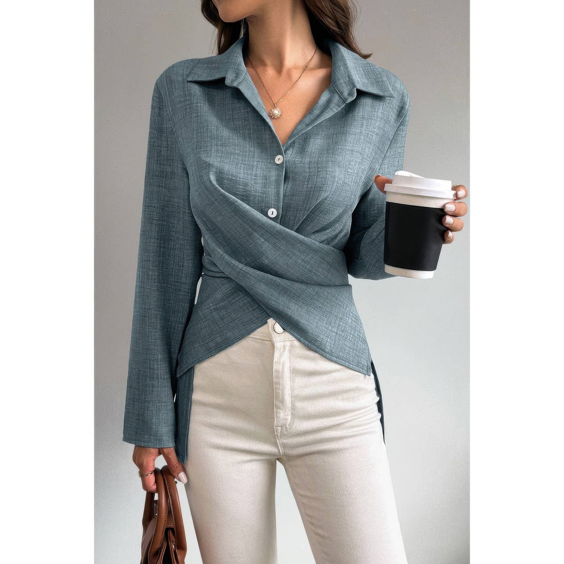 Solid Crossed Button Long Sleeve Blouse - ZumBuys