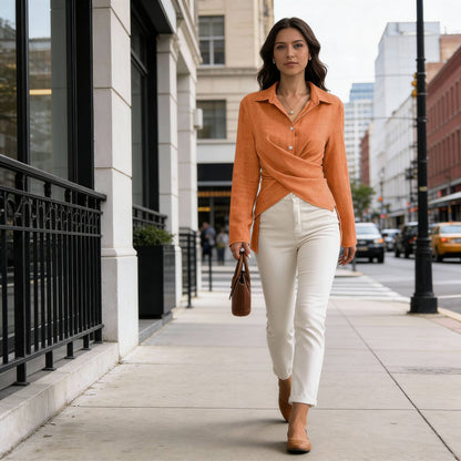 Solid Crossed Button Long Sleeve Blouse - ZumBuys