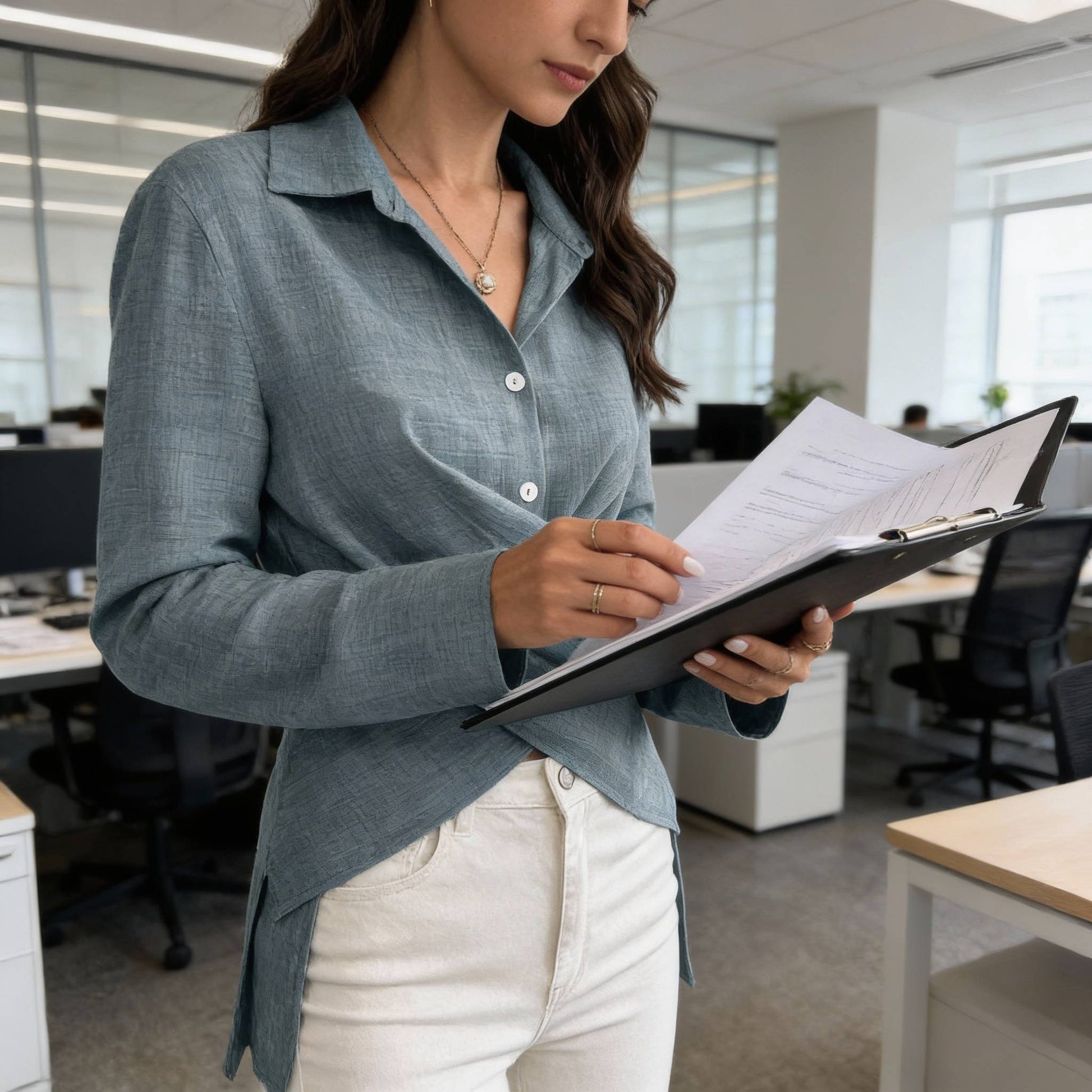 Solid Crossed Button Long Sleeve Blouse - ZumBuys