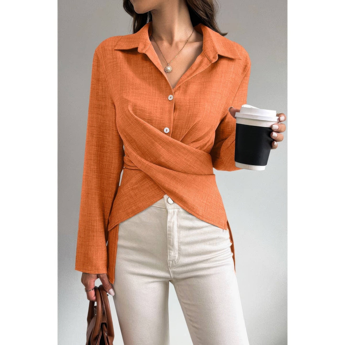 Solid Crossed Button Long Sleeve Blouse - ZumBuys
