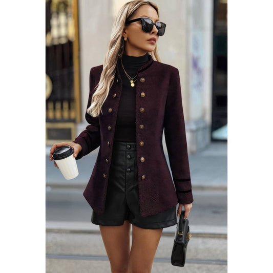 Solid Decorative Button Stand Collar Jacket - ZumBuys