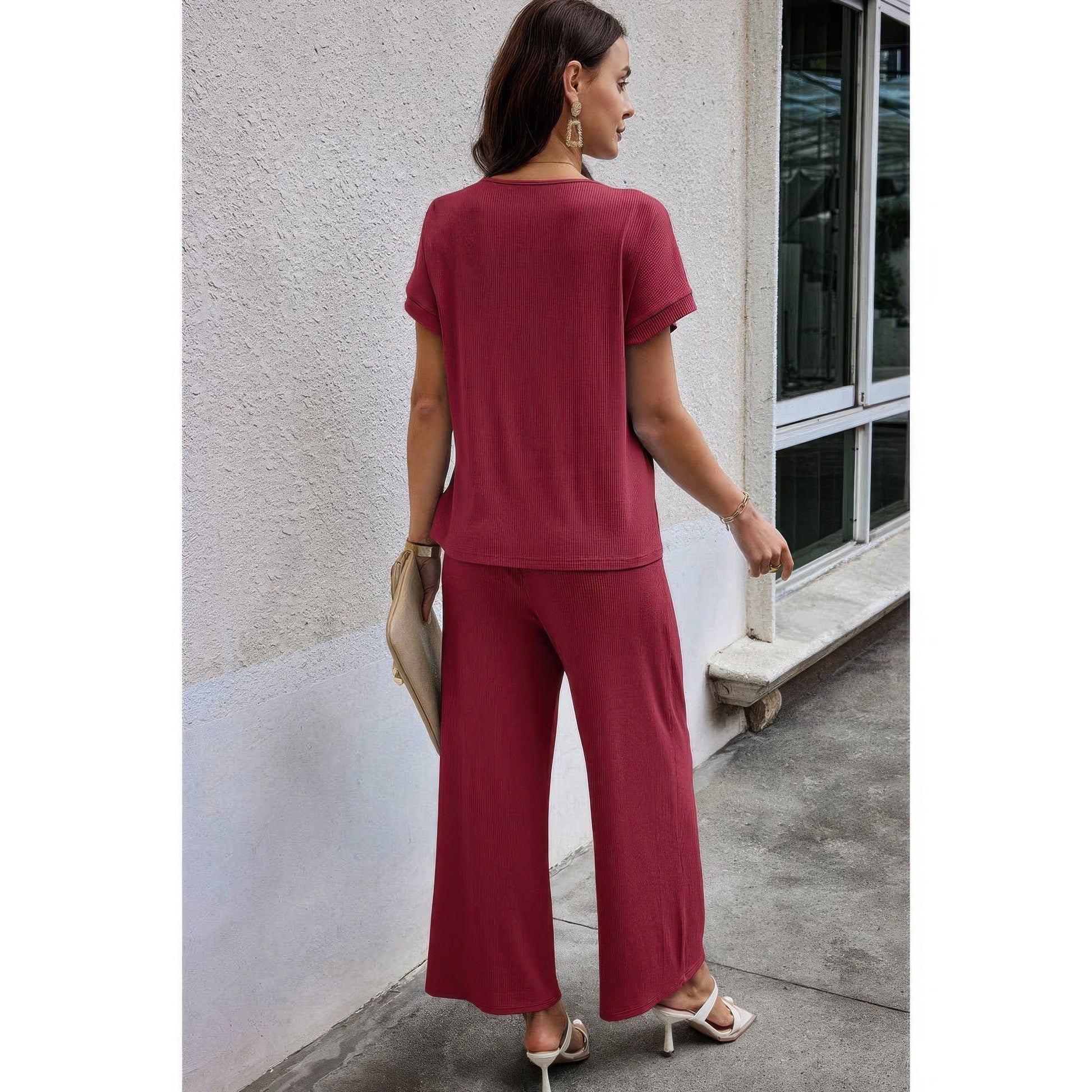 Solid Knit Pockets Button Up Two Pieces V Neck Set - ZumBuys