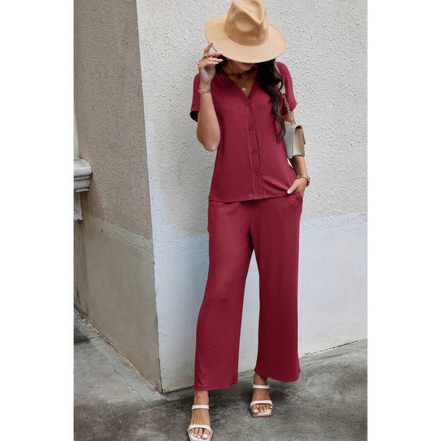 Solid Knit Pockets Button Up Two Pieces V Neck Set - ZumBuys