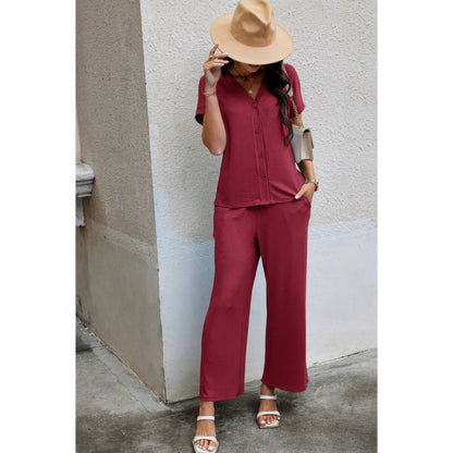 Solid Knit Pockets Button Up Two Pieces V Neck Set - ZumBuys