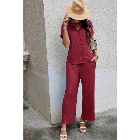 Solid Knit Pockets Button Up Two Pieces V Neck Set - ZumBuys