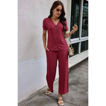 Solid Knit Pockets Button Up Two Pieces V Neck Set - ZumBuys