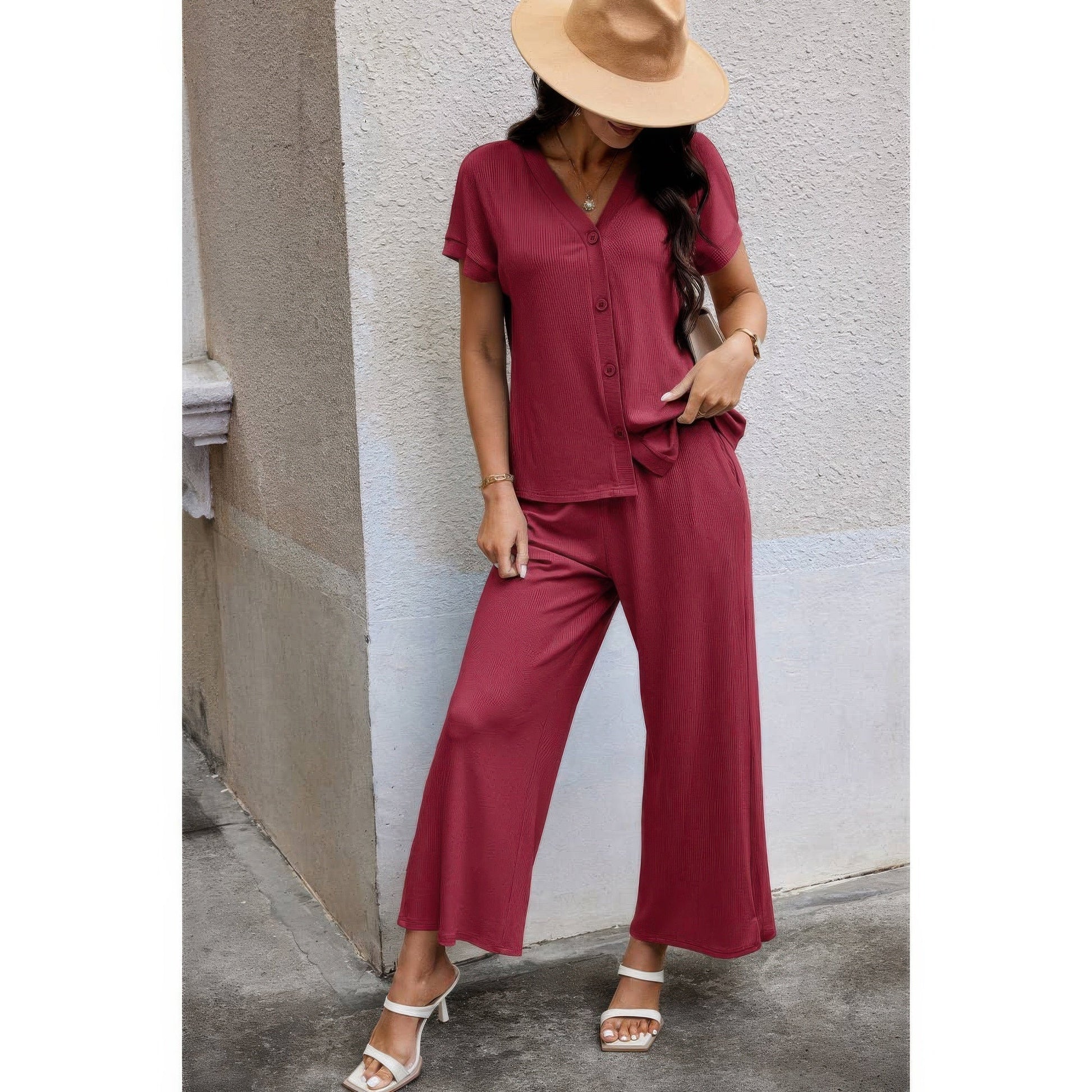Solid Knit Pockets Button Up Two Pieces V Neck Set - ZumBuys