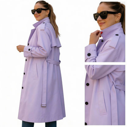 Solid Long Sleeve Trench Coat Woman Lined - ZumBuys