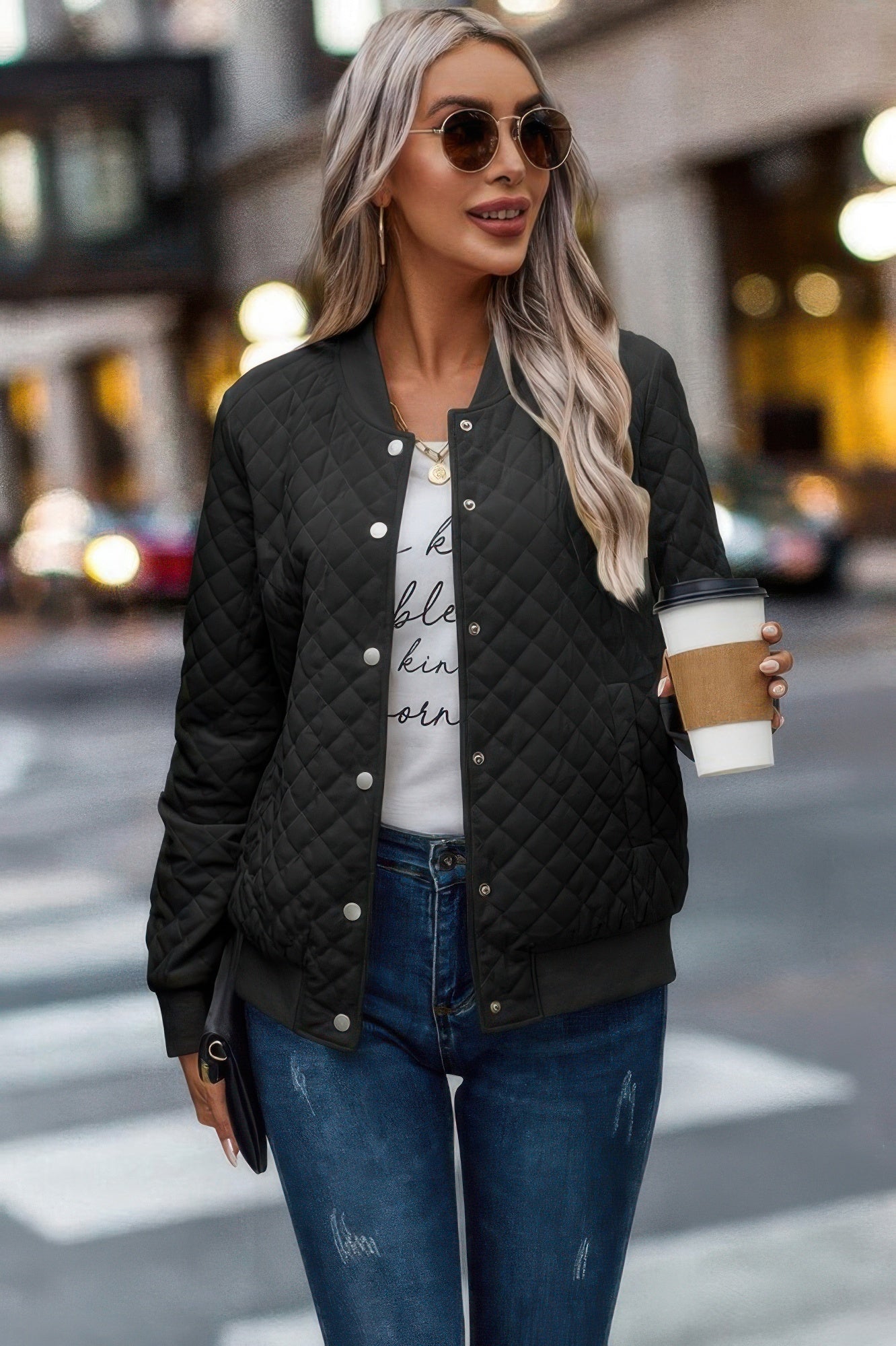 Solid Plaid Stitch Pockets Bomber Jacket - ZumBuys