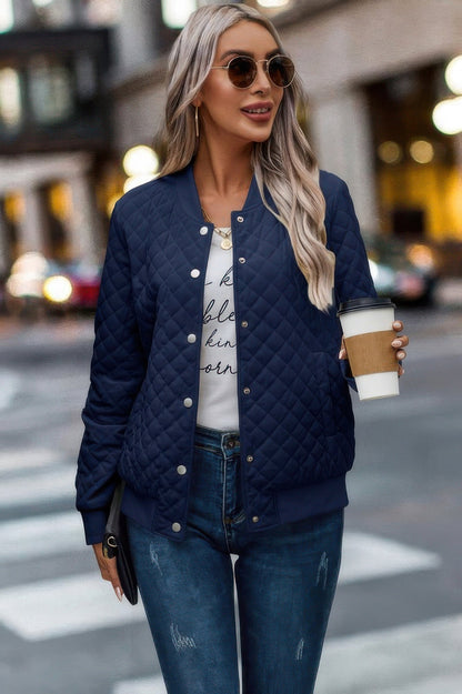 Solid Plaid Stitch Pockets Bomber Jacket - ZumBuys