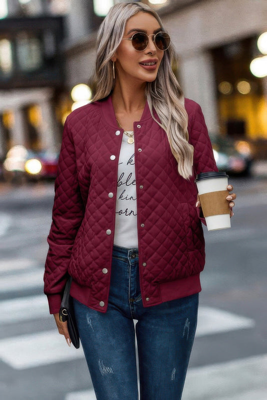 Solid Plaid Stitch Pockets Bomber Jacket - ZumBuys