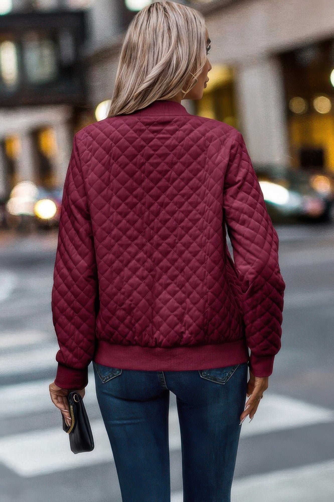 Solid Plaid Stitch Pockets Bomber Jacket - ZumBuys