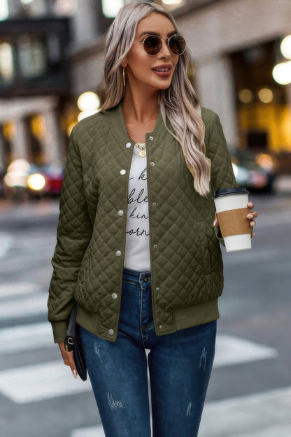 Solid Plaid Stitch Pockets Bomber Jacket - ZumBuys
