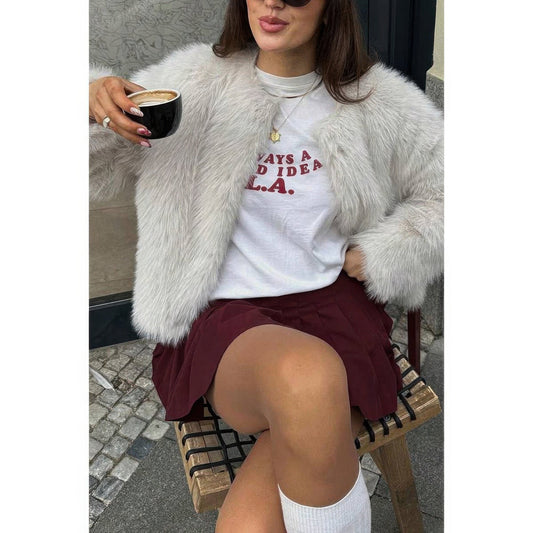 Solid Round Neck Long Sleeves Fluffy Jacket - ZumBuys