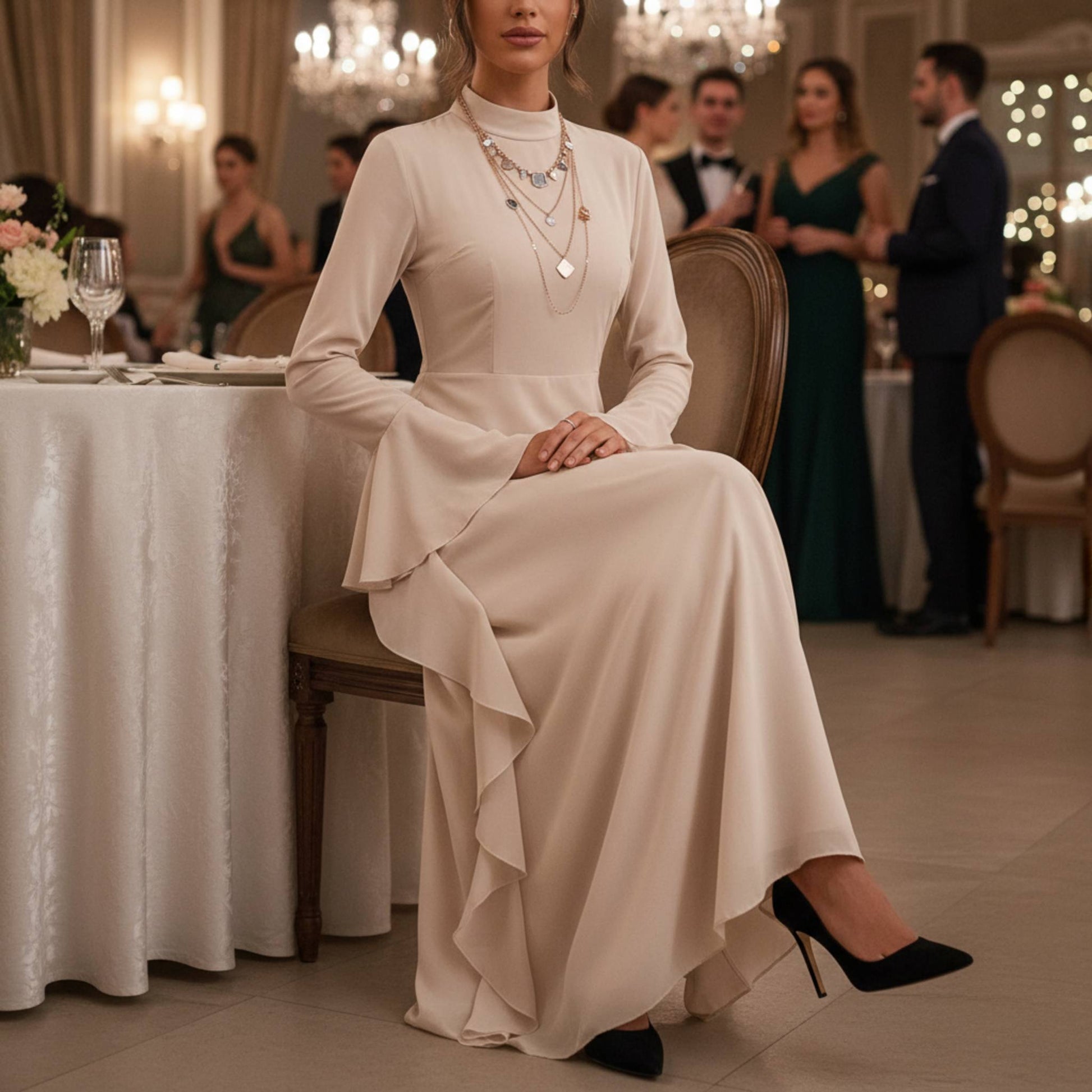 Solid Stand Collar Flare Sleeve Ruffle Full Dress - ZumBuys